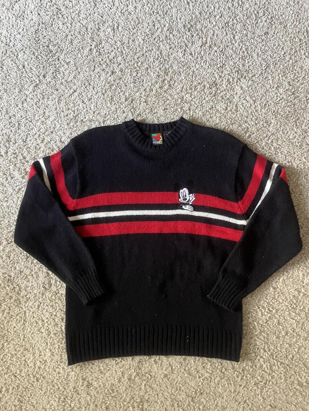 Mickey Unlimited Vintage Black Wool Blend Sweater with Red and White Stripes